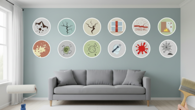 Peeling paint on house wall Professional residential house painting service Faded exterior home paint surface Painter applying fresh wall paint