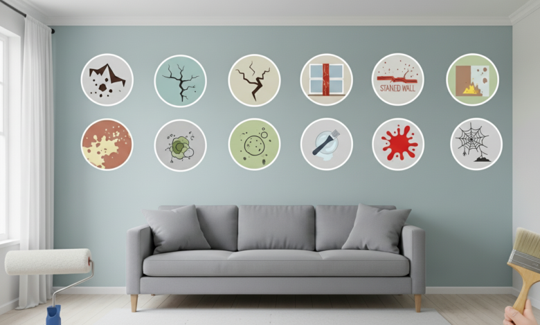 Peeling paint on house wall Professional residential house painting service Faded exterior home paint surface Painter applying fresh wall paint